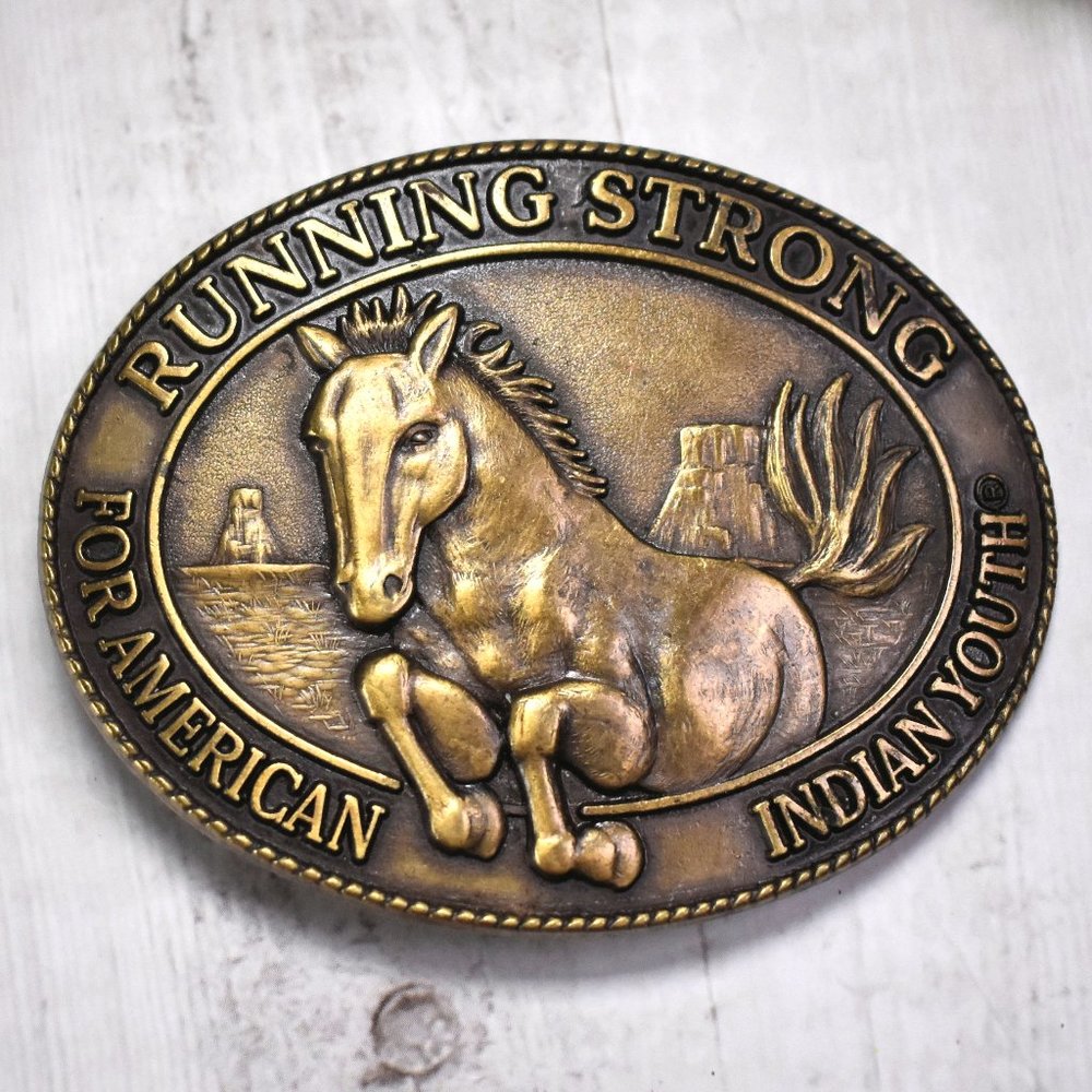 Vintage 1996 Native American Indian Horse Belt Buckle, Bronze: Running Strong